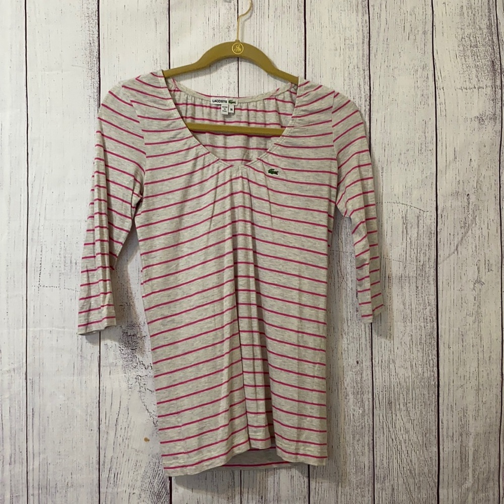 Lacoste pink and gray striped top size small